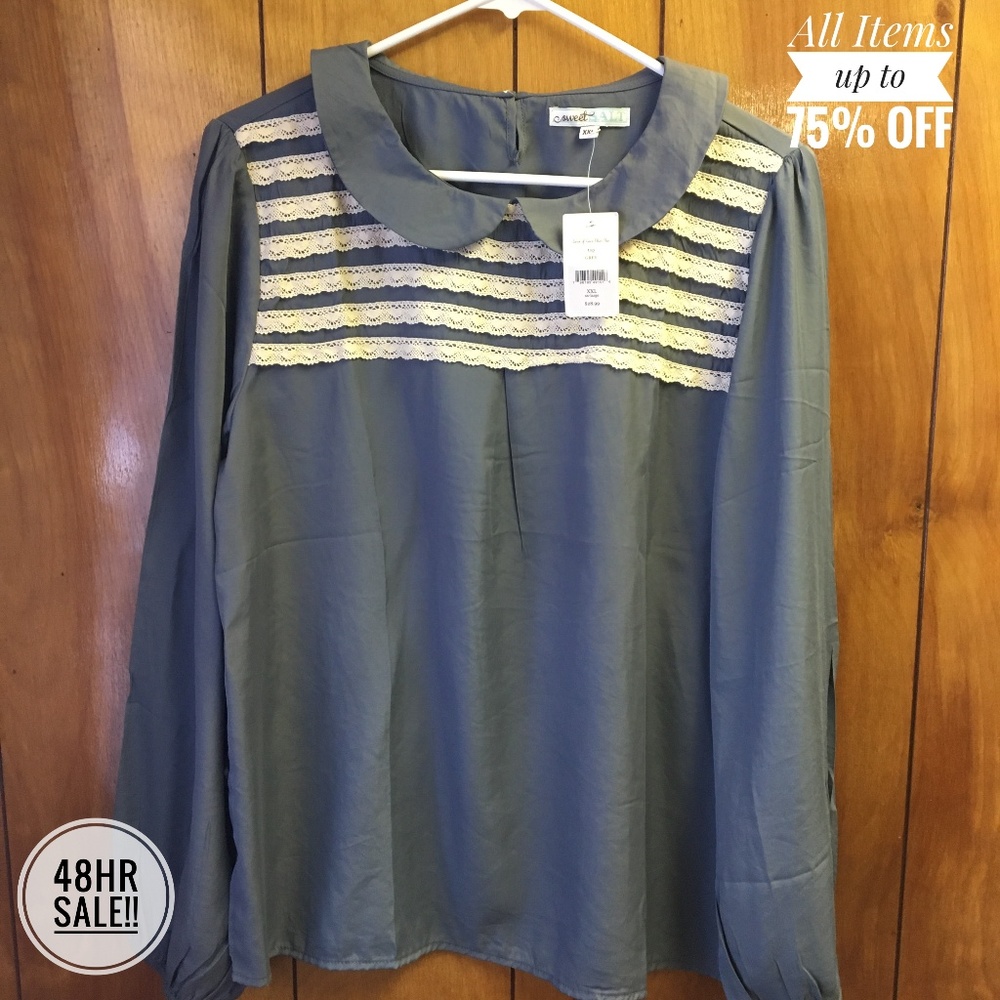 WOMENS BLOUSE COMBO GRAY LACE BLUE POKEDOT